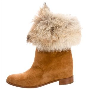 Flat fur cuff Louboutin boots tan